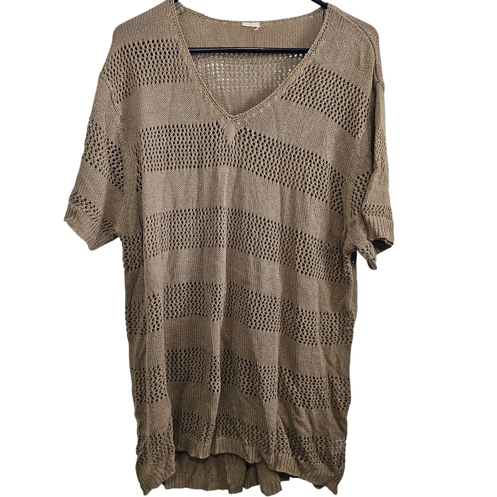 Unbranded Taupe Brown Open Knit V-Neck Short Sleeve Sweater Top Boho Pointelle